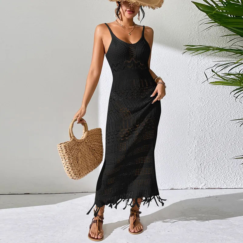 Knitted Sleeveless Sling V-neck Long Dress
