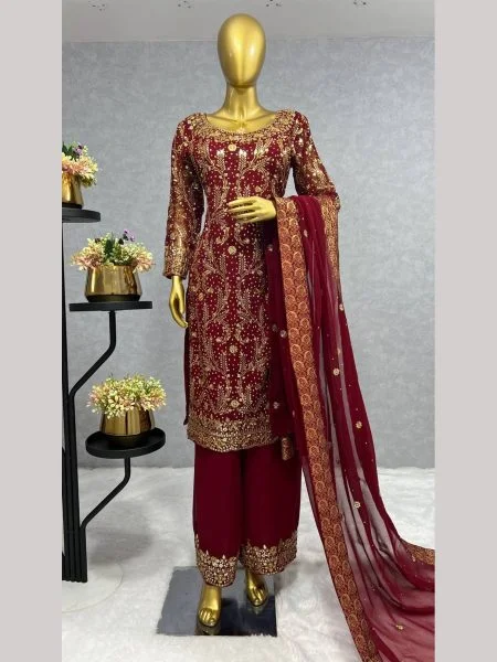 Maroon Traditional Sharrara Set with Golden Karai