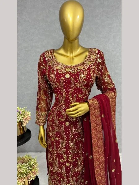 Maroon Traditional Sharrara Set with Golden Karai - Image 2