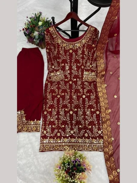 Maroon Traditional Sharrara Set with Golden Karai - Image 4